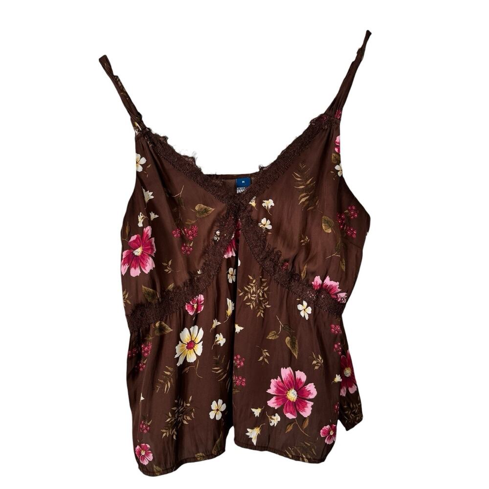 Old Navy Brown Satin Babydoll Tank Top Size Medium Oriental Floral - Picture 1 of 6